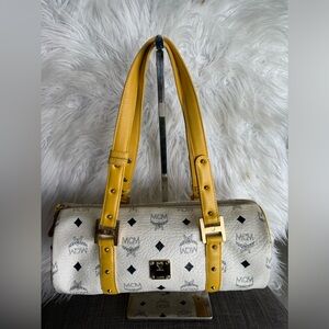 MCM White Barrel Shoulder Bag with Yellow Straps